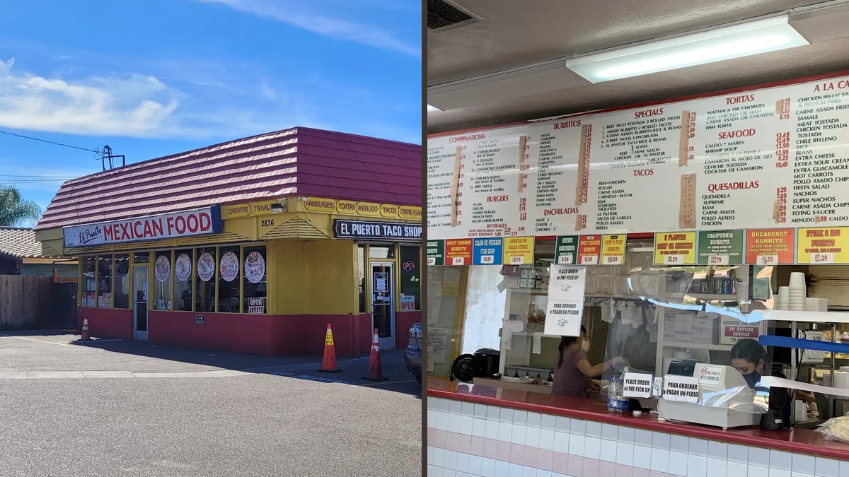 Taco restaurant interior with ordering counter.