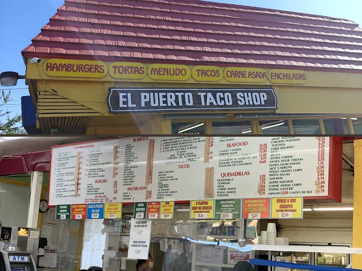 Counter-serve taco shop interior with simple seating.