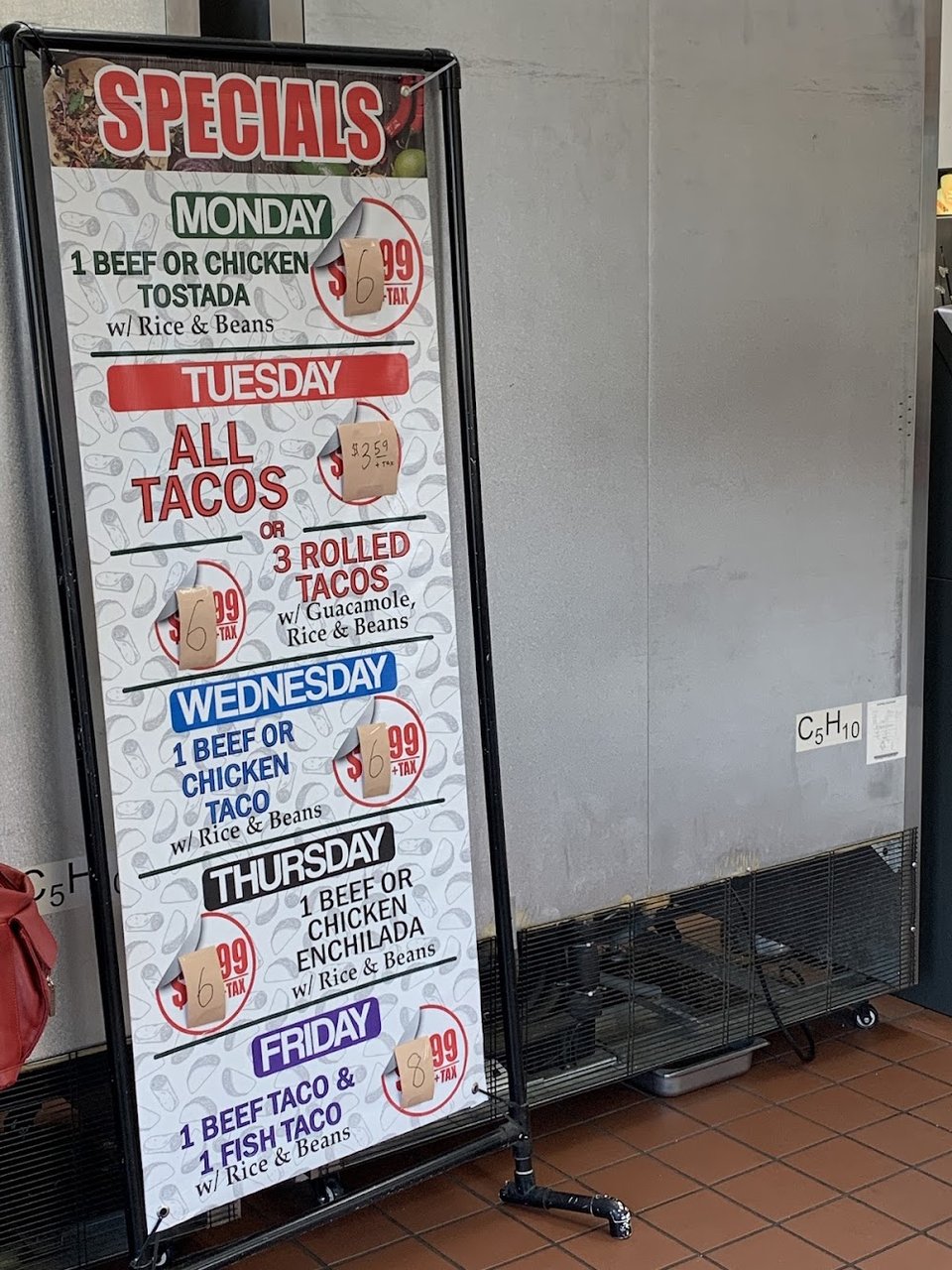 Taco and burrito options at the counter.